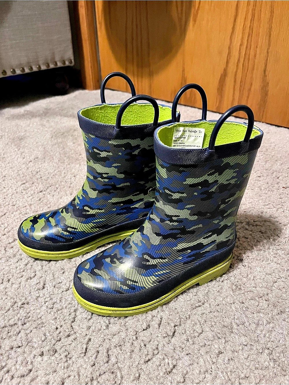 Kids Camo Rain Boots with Easy-Pull Handles Blue & Green US 11/12